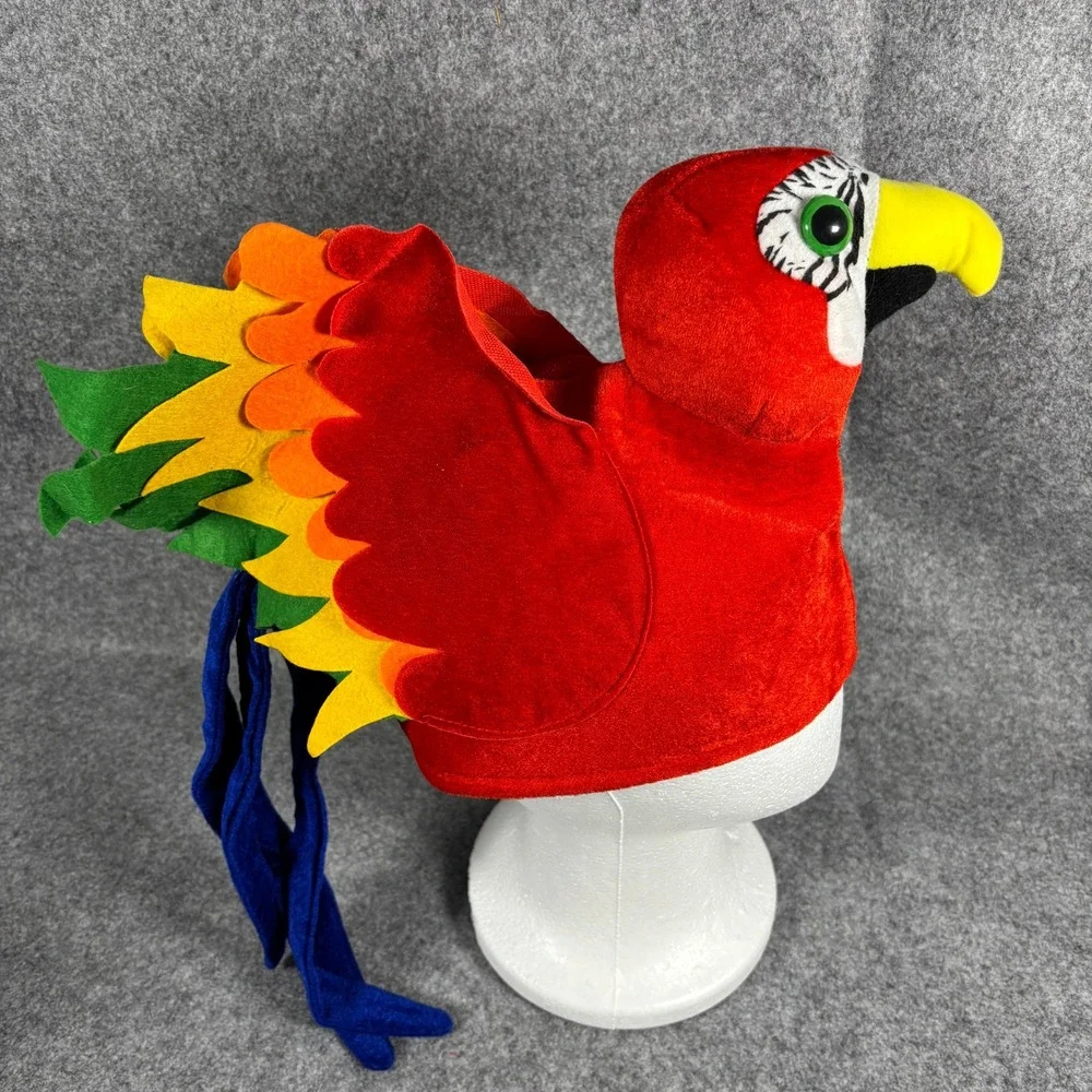 Plush Parrot Costume Hat Red Macaw Bird Halloween Luau Dress Up Accessory OS
